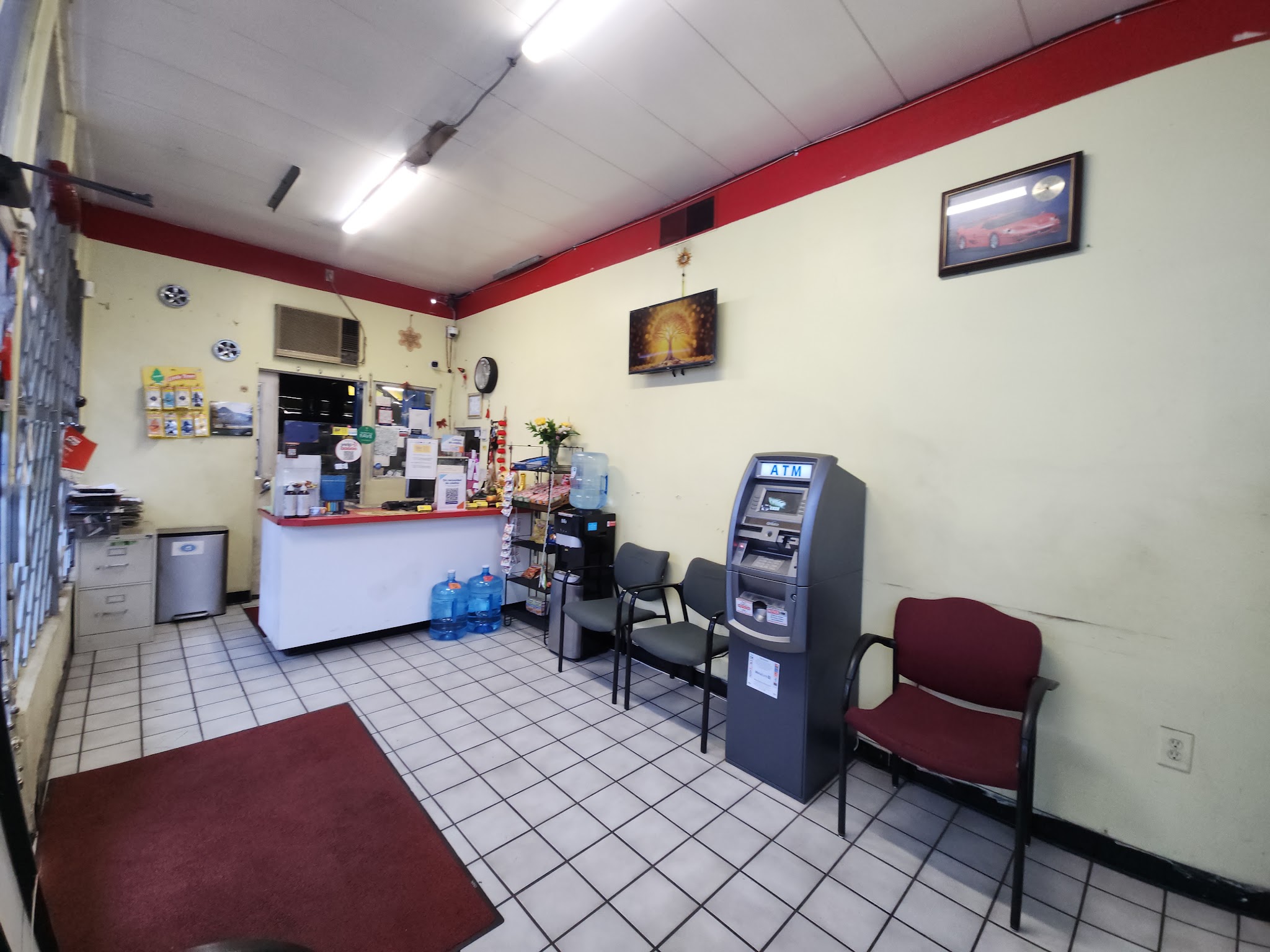 The front counter and waiting area inside Portland Tire Shop